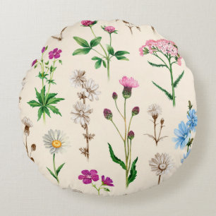 Watercolor illustrations of wild flowers. Seamless Round Pillow