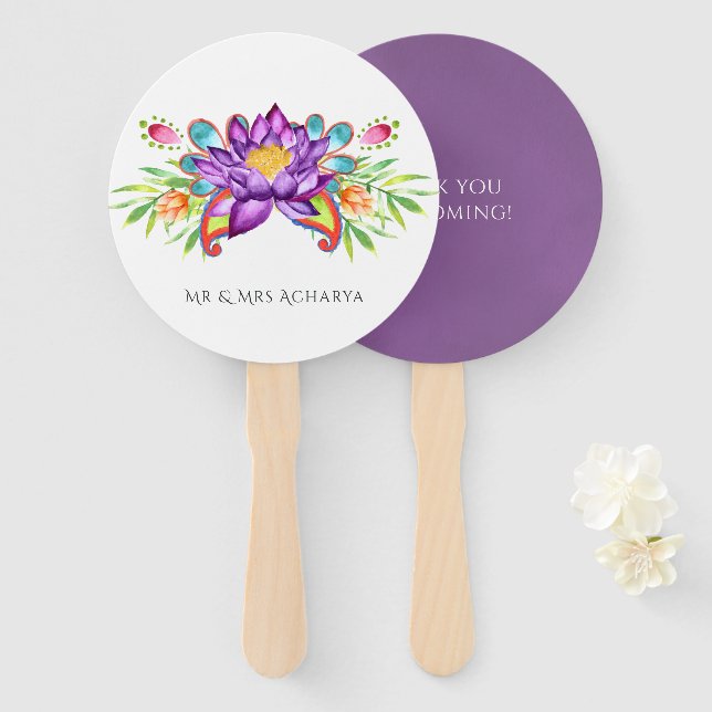 Watercolor Indian Lotus Flower Hand Fan (Front and Back)