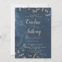 Watercolor Indigo Blue Rose gold Wedding