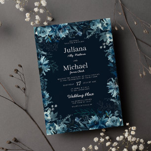 Watercolor indigo teal peony flowers Wedding  Invitation
