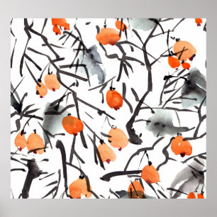 Watercolor Ink Berries Leaves Illustration Poster