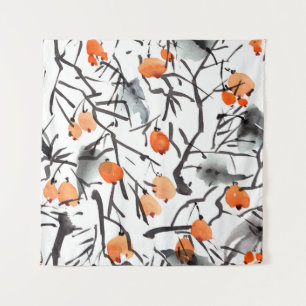 Watercolor Ink Berries Leaves Illustration Tapestry