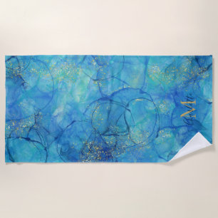 Watercolor Ink Blue & Gold  - Monogram + Name  Beach Towel