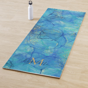 Watercolor Ink Blue & Gold - Monogram + Name Yoga Mat