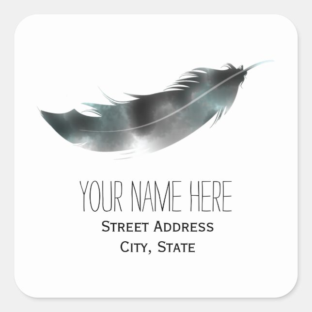 Watercolor Inspired Feather Address Sticker- Black Square Sticker (Front)