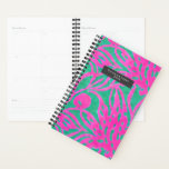 Watercolor Inspired Pink Aqua Damask Floral Planner<br><div class="desc">Hot pink watercolor floral damask inspired pattern.  Personalize name inside grey rectangle at front.</div>