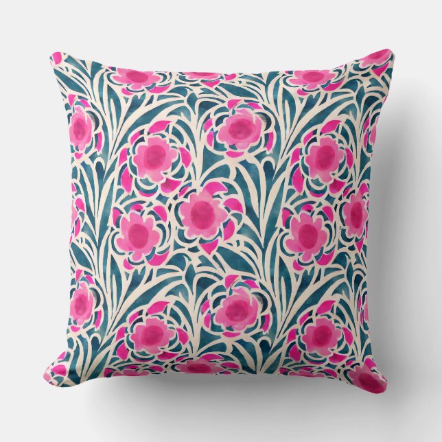 Watercolor Inspired Pink + Blue Botanical Floral Throw Pillow (Front)
