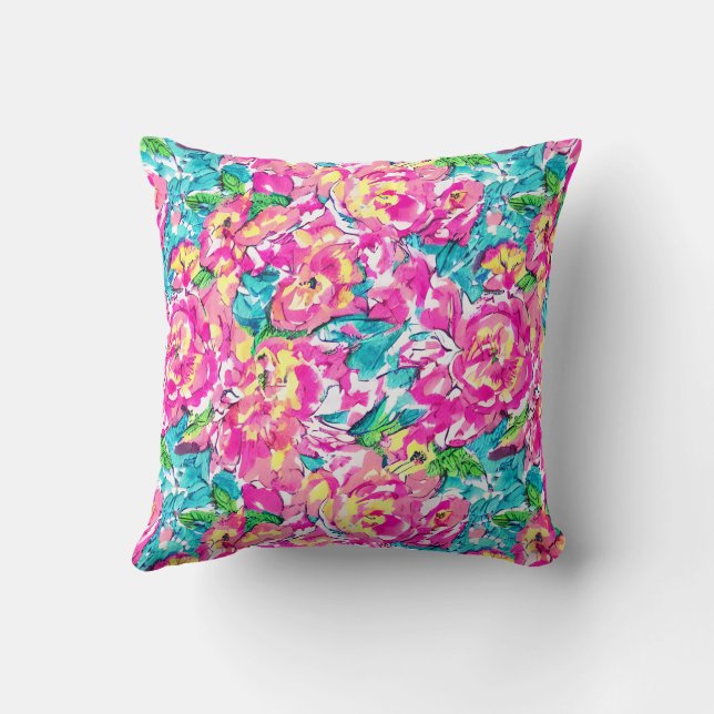 Watercolor Inspired Pink Blue Floral Throw Pillow (Back)