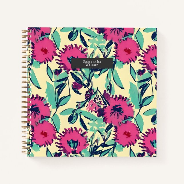 Watercolor Inspired Pink + Green Botanical Floral  Notebook (Front)