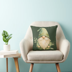 Watercolor Irish Gnome with Shamrock Throw Pillow