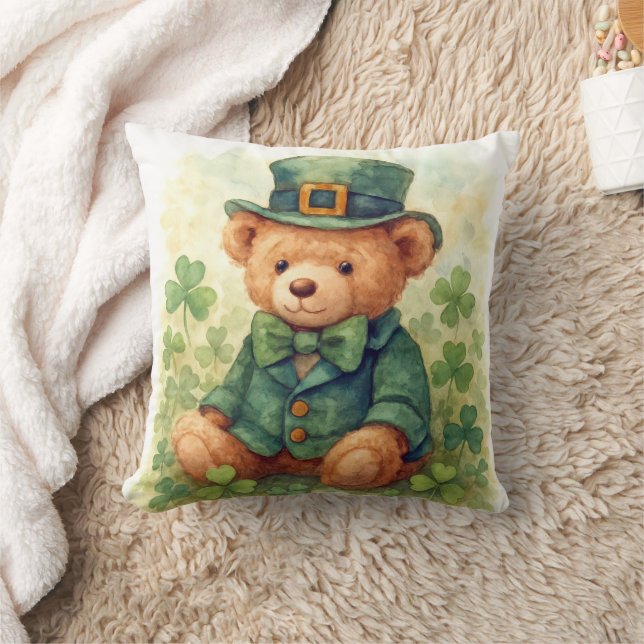Watercolor Irish Teddy Bear Throw Pillow (Blanket)