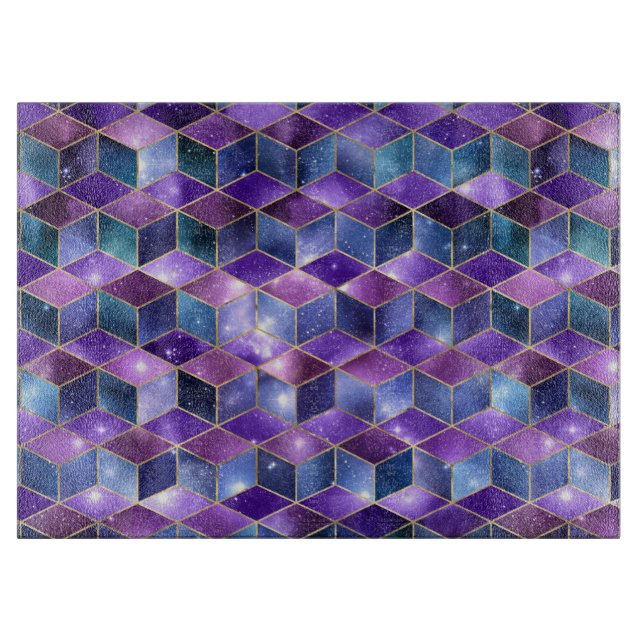 Watercolor Isometric with Gold and Marble Galaxy Cutting Board (Front)