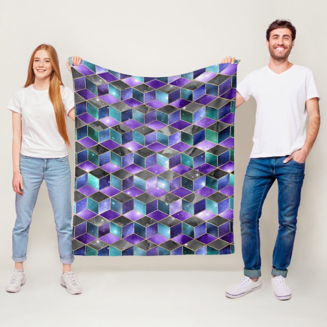 Watercolor Isometric with Gold and Marble Galaxy Fleece Blanket (In Situ)