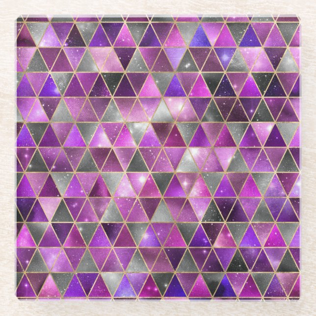 Watercolor Isometric with Gold and Marble Galaxy Glass Coaster (Front)