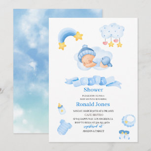 Watercolor it is boy Blue Boho Nursery  Baby Showe Invitation