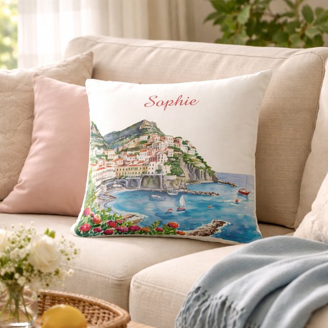 Watercolor Italian Amalfi Coast Name Throw Pillow (Creator Uploaded)
