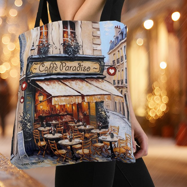 Watercolor Italian Café Coffee Lover  Tote Bag (Tote bag featuring a watercolor painting of an Italian coffee shop)