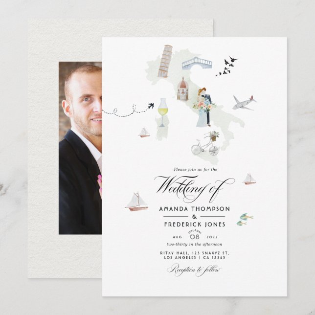 Watercolor Italian Destination Wedding Photo Invitation (Front/Back)