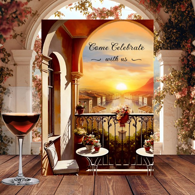 Watercolor Italian Sunset Wedding Invitation (Romantic wedding invitation showing a watercolor view from an Italian balcony at sunset)
