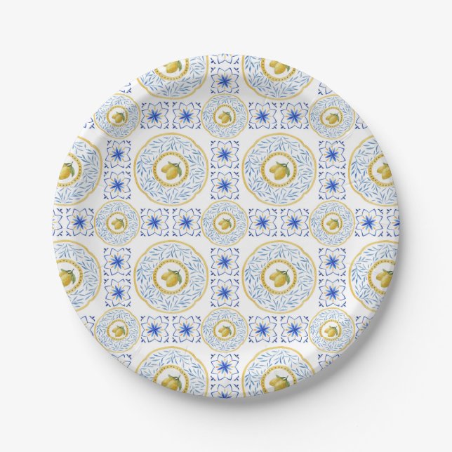   Watercolor Italian Tile Lemon Pattern Paper Plate (Front)