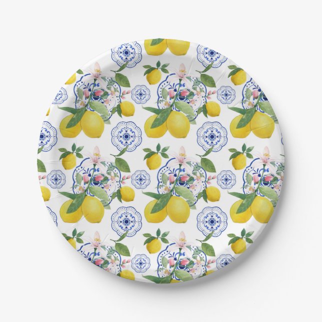   Watercolor Italian Tile Lemon Pattern Paper Plate (Front)