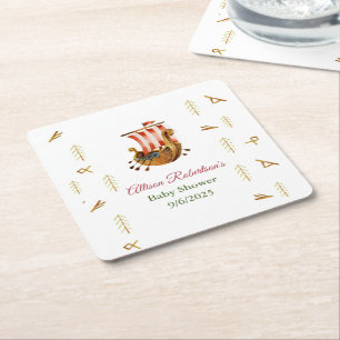 Watercolor It's A Boy Vikings Party Baby Shower Square Paper Coaster