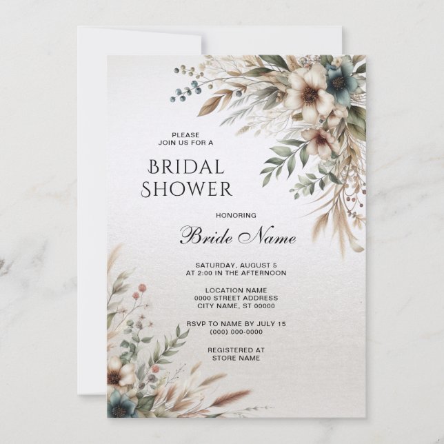 Watercolor Ivory Blue Flowers Bridal Shower Invitation (Front)