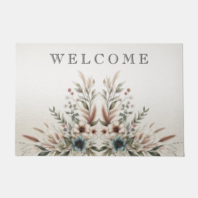 Watercolor Ivory Blue Flowers Doormat (Front)