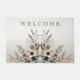 Watercolor Ivory Blue Flowers Doormat