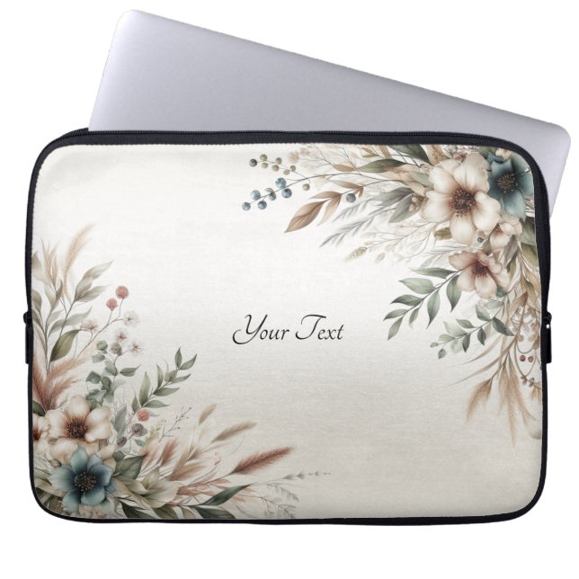 Watercolor Ivory Blue Flowers Laptop Sleeve (Front)