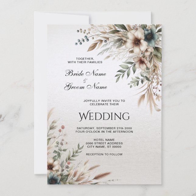 Watercolor Ivory Blue Flowers Wedding Invitation (Front)
