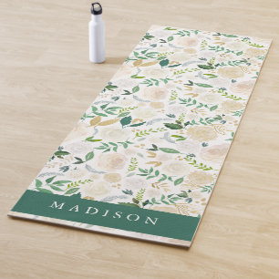 Watercolor Ivory Cream Floral & Greenery Yoga Mat