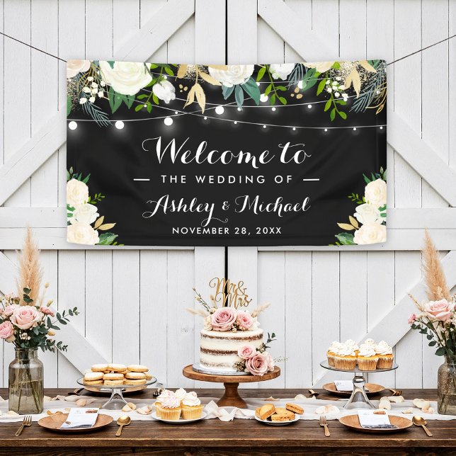 Watercolor Ivory Floral String Lights Wedding Banner (Creator Uploaded)