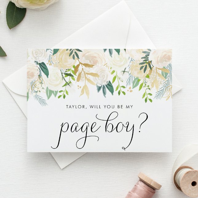 Watercolor Ivory Flowers Gold Page Boy Proposal Card (Charming floral page boy proposal card with ivory flowers, greenery, and faux gold foil accents.)