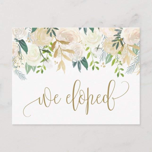 Watercolor Ivory Peony and Rose Elopement Announcement Postcard (Front)