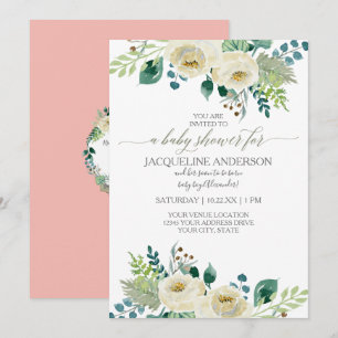 Watercolor Ivory Rose Leaf Baby Girl Shower Floral Invitation