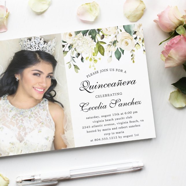 Watercolor Ivory Roses Quinceanera Photo  Invitation (Creator Uploaded)