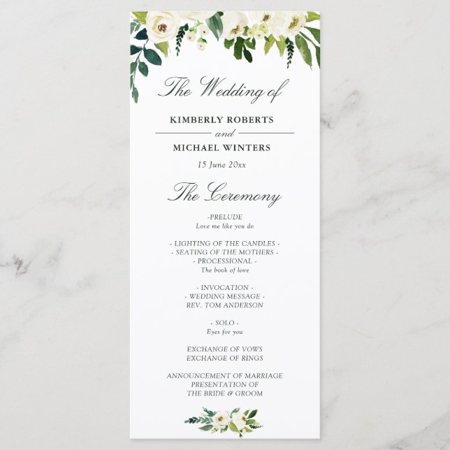 Watercolor ivory white floral wedding program (Front)