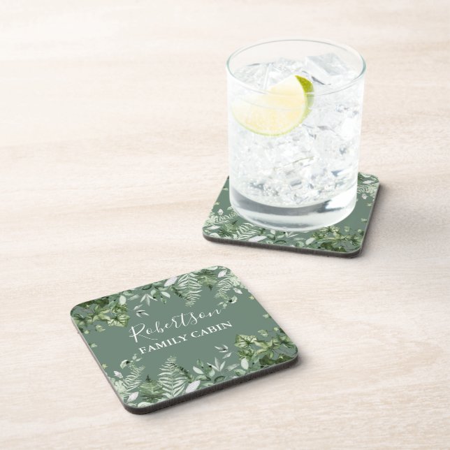 Watercolor Ivy Ferns Sage Green Family Cabin Coaster (Right Side)