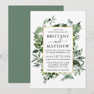 Watercolor Ivy Ferns Sage Green Gold Wedding Invitation