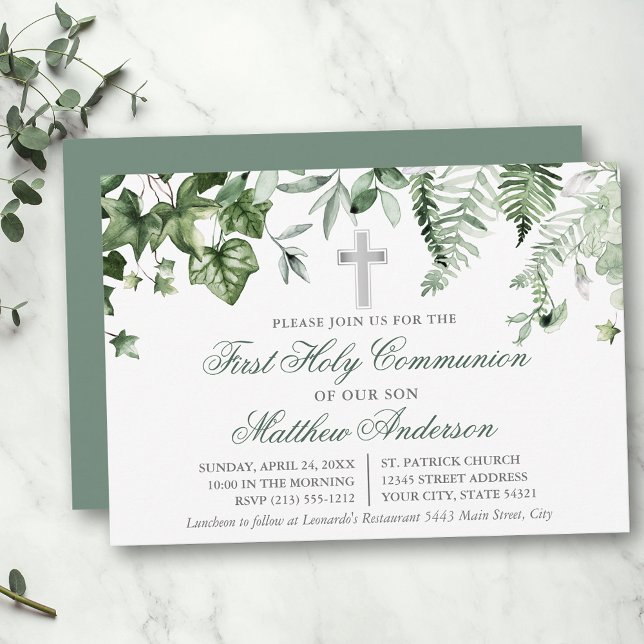 Watercolor Ivy Ferns Sage Green Silver Communion Invitation (Customize to change text color,  size, style or to change color of back of card.)