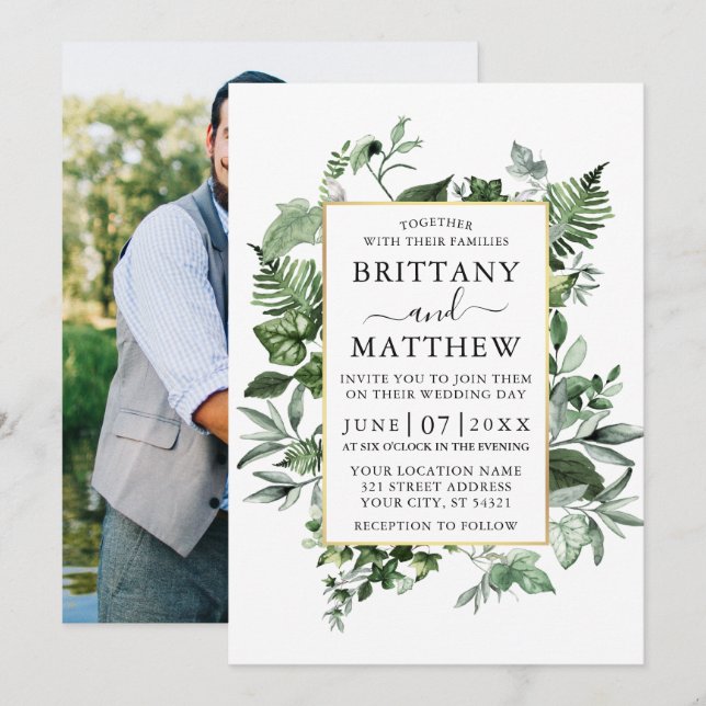 Watercolor Ivy Ferns Sage Photo Gold Wedding Invitation (Front/Back)