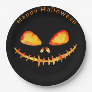Watercolor Jack O' Lantern Face Halloween Paper Plate