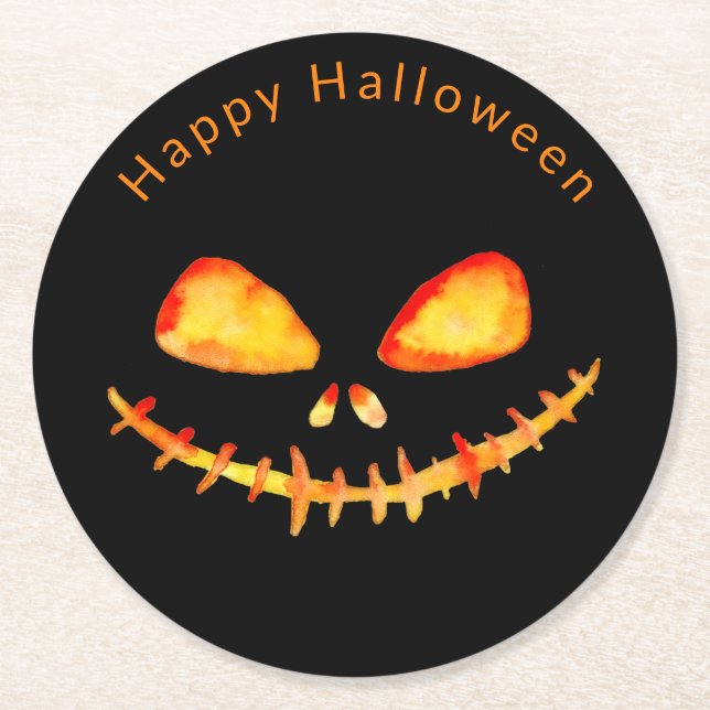 Watercolor Jack O' Lantern Face Halloween  Round Paper Coaster (Front)