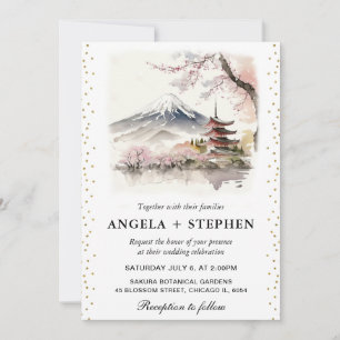 Watercolor Japanese Fuji and Pagoda Scenic Wedding Invitation