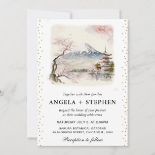 Watercolor Japanese Fuji and Pagoda Scenic Wedding Invitation