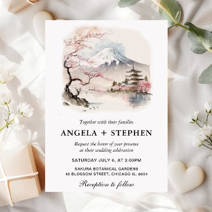 Watercolor Japanese Fuji and Pagoda Scenic Wedding Invitation