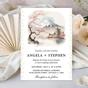 Watercolor Japanese Fuji and Pagoda Scenic Wedding Invitation