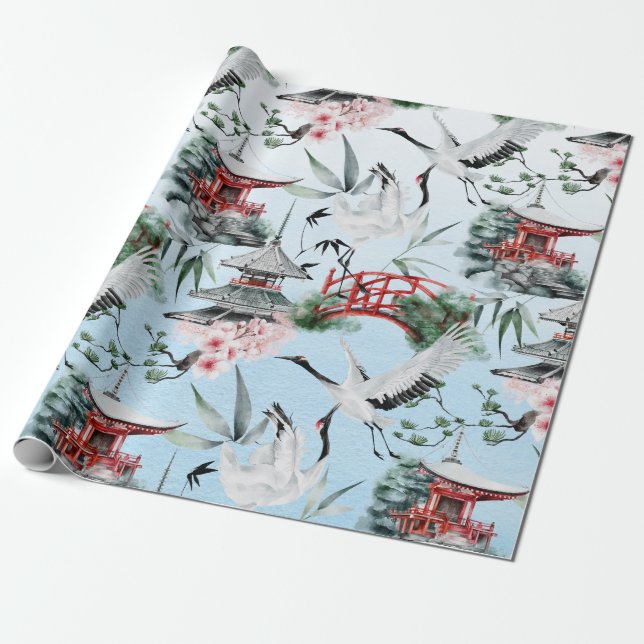 Watercolor Japanese Herons Wrapping Paper (Unrolled)
