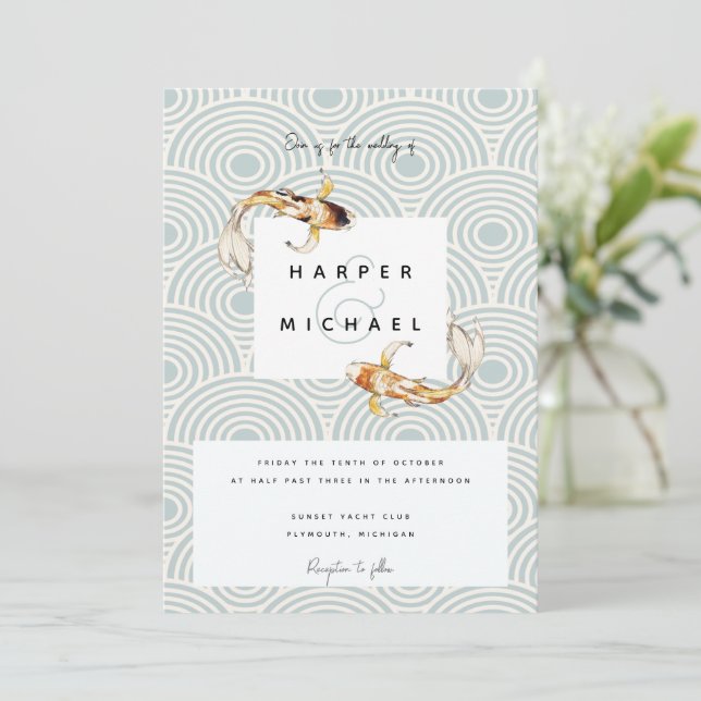 watercolor japanese koi fish wedding invitation (Standing Front)